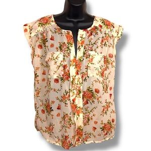 Large Marisol Cream Pink Floral Blouse Short Cap Sleeve Cuffed Vneck